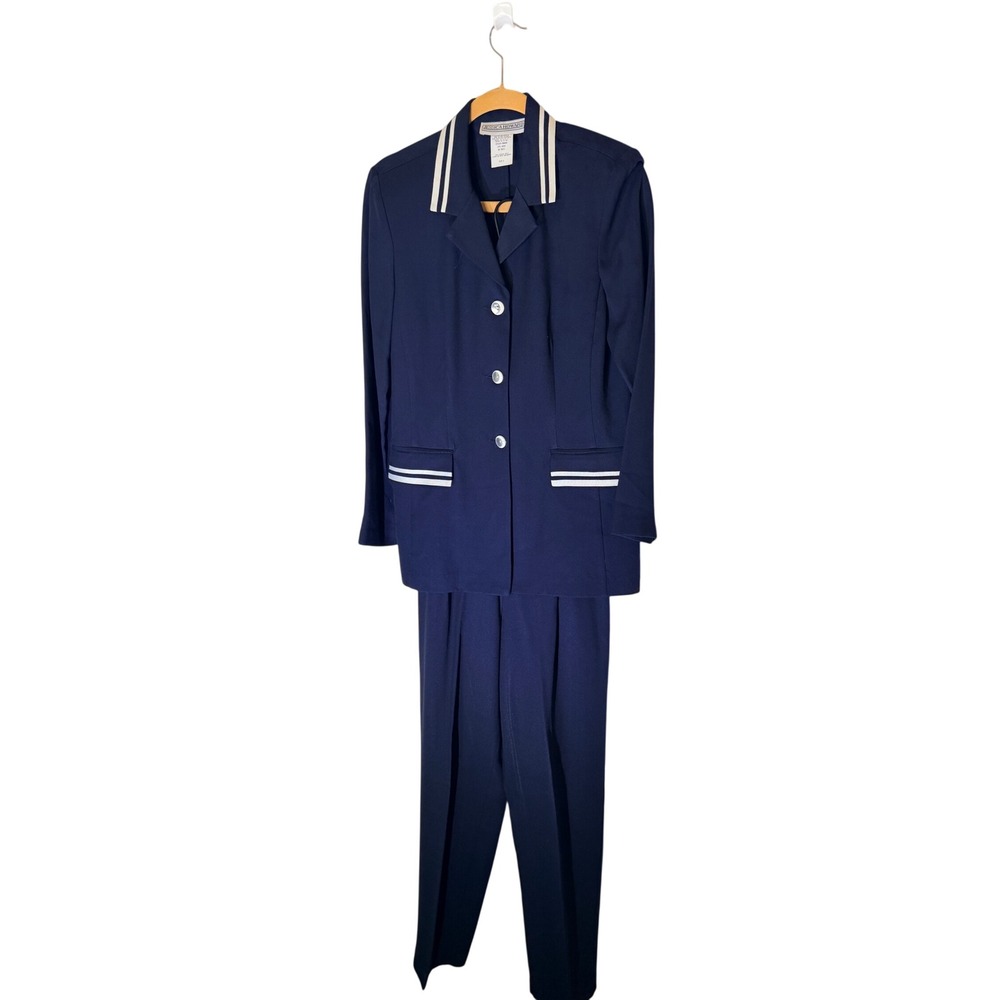Jessica Howard Navy Blue Nautical Pant Suit Set White Stripe Trim Size 8 USA
